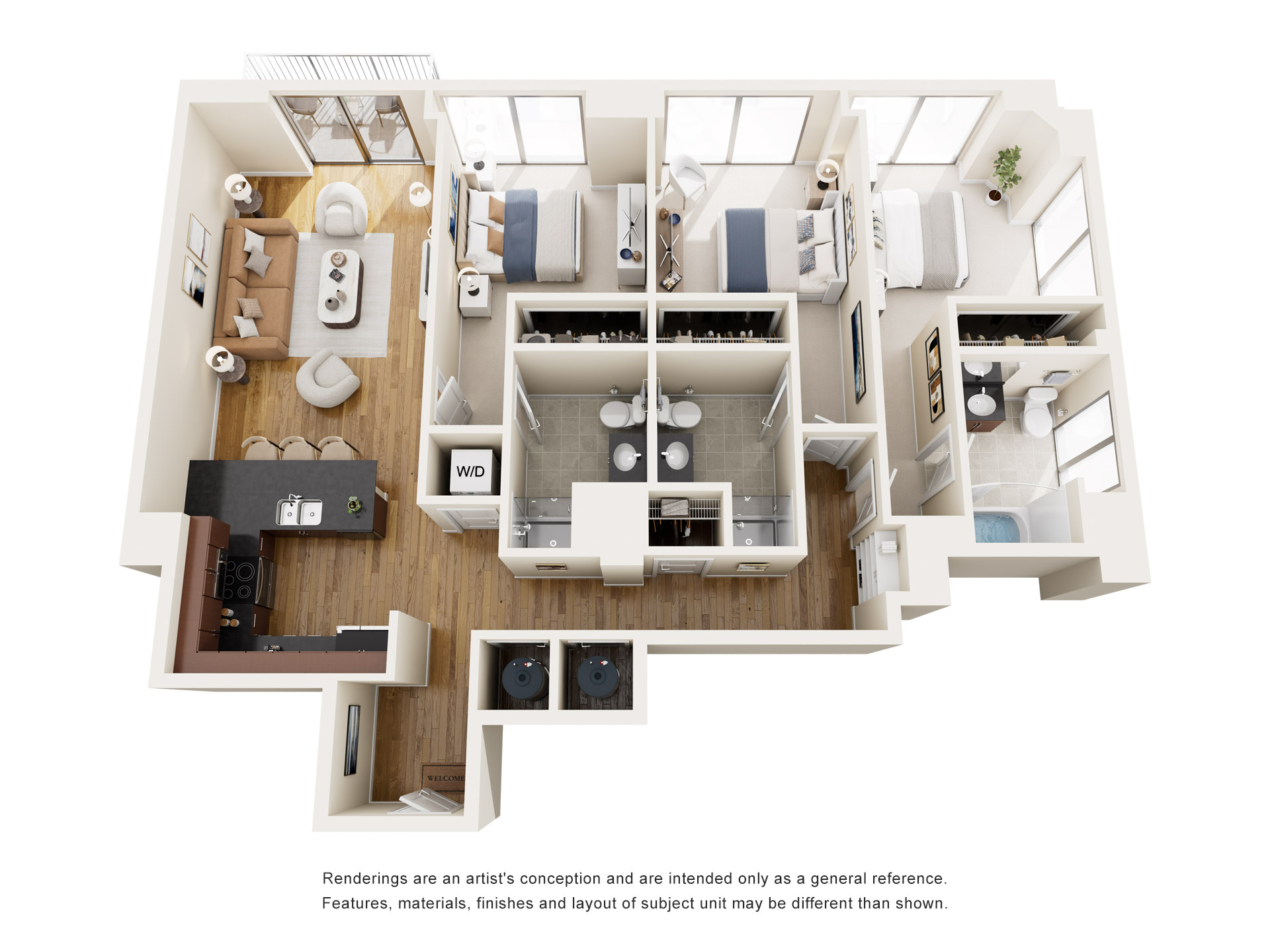 Floor plan for 3 beds, 3 baths, 1379 sqft